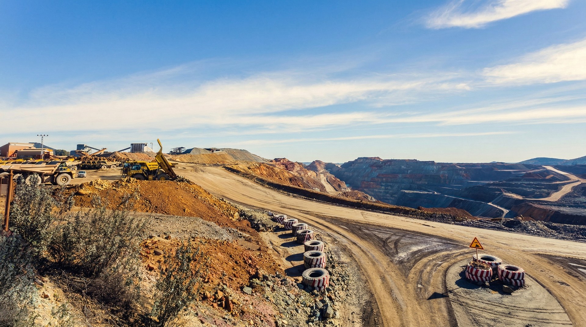 Open-pit mine with terraced benches and haul trucks — operational scale of Australian mining